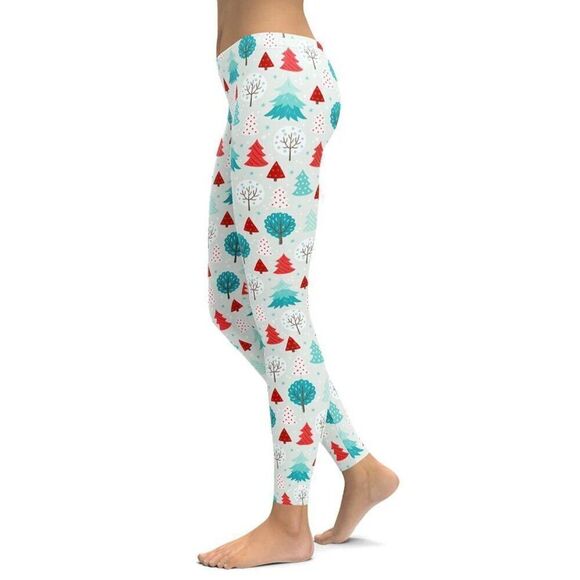 Fierce Pulse Christmas Forest Leggings Size M White Tree Print Novelty Stretch - Picture 1 of 7